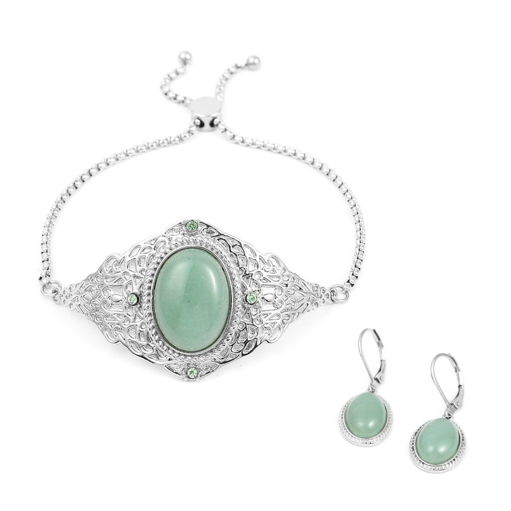 NEW Aventurine & Austrian Crystal Earrings & Bolo Bracelet Set
